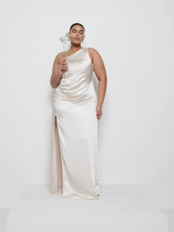 Amelia Ruched Maxi Bridesmaid Dress Curve - Champagne sold by Pretty Lavish
