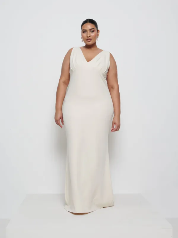Esmee Crepe Maxi Bridesmaid Dress Curve - Champagne sold by Pretty Lavish