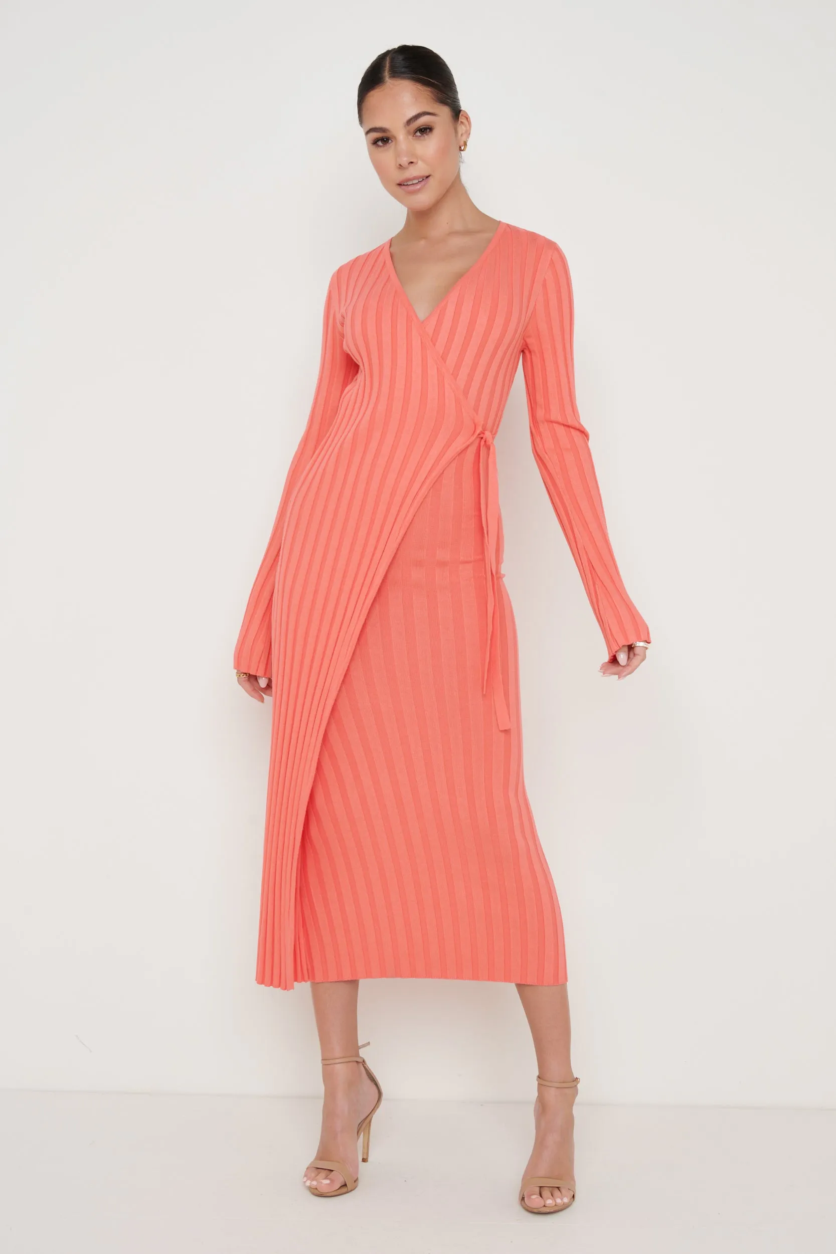 Vinnie Wrap Tie Midaxi Dress - Coral sold by Pretty Lavish