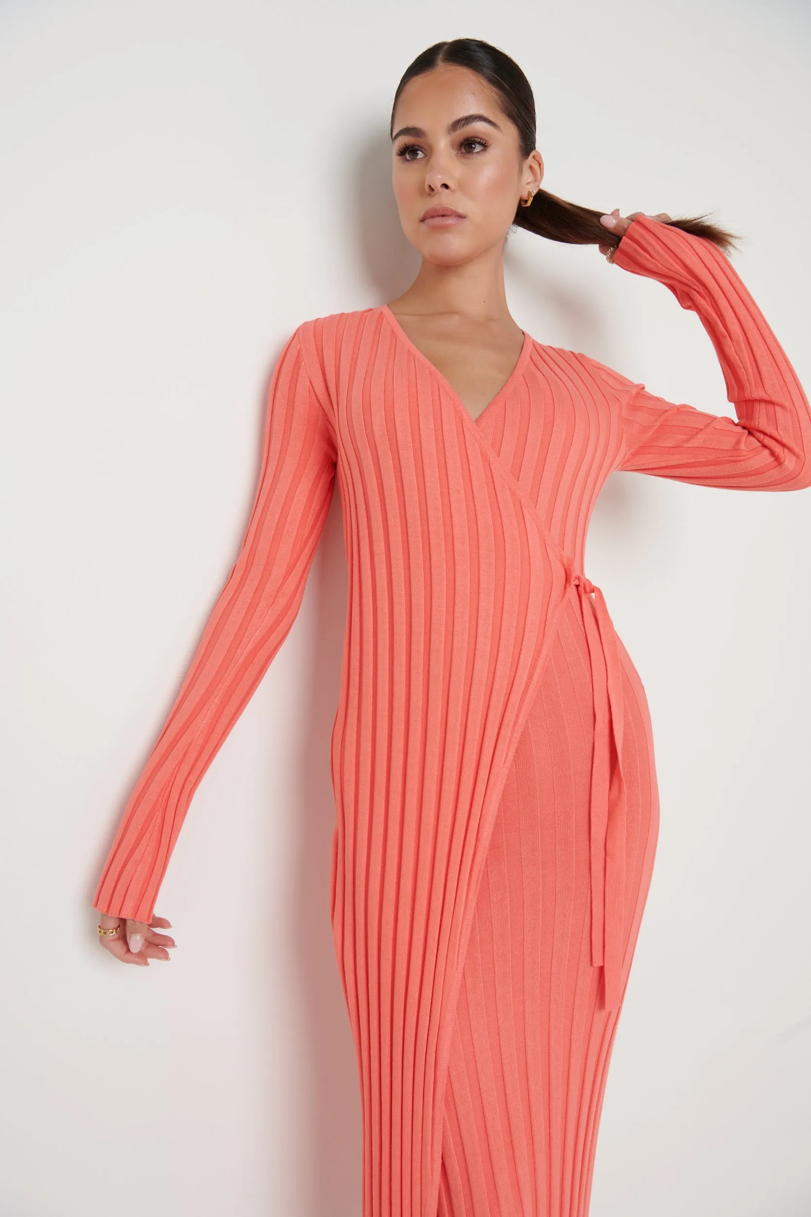 Vinnie Wrap Tie Midaxi Dress - Coral sold by Pretty Lavish product image thumbnail 3