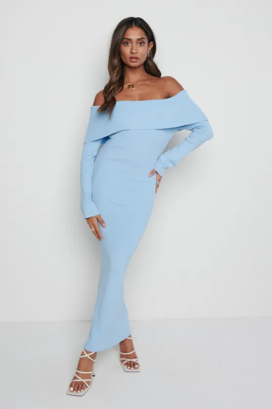 Soreya Bardot Knit Dress- Blue sold by Pretty Lavish