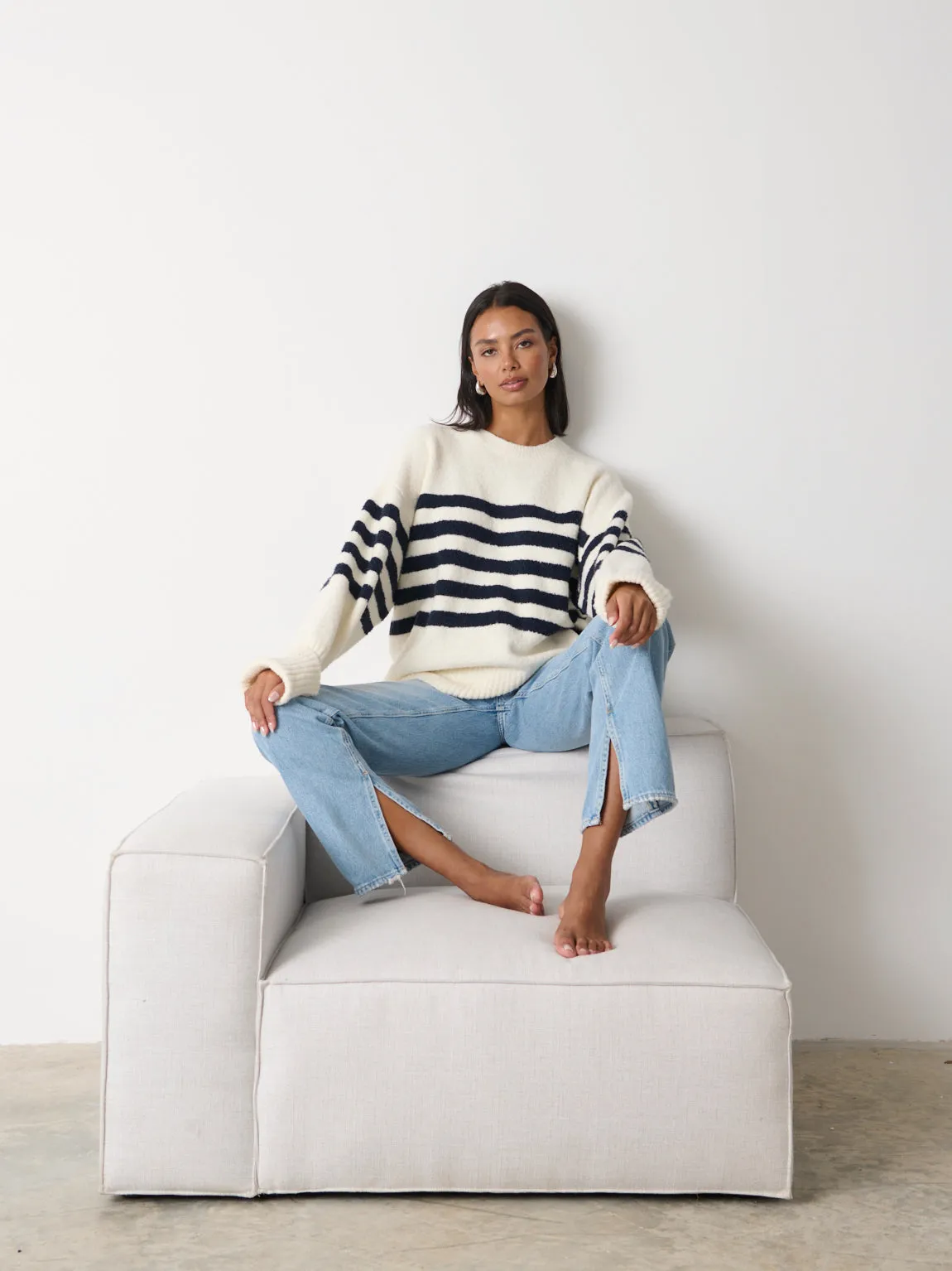 Camille Oversized Striped Borg Jumper - Cream sold by Pretty Lavish