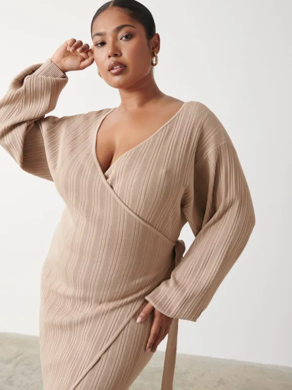Shelby Mini Plisse Knit Dress Curve - Beige sold by Pretty Lavish