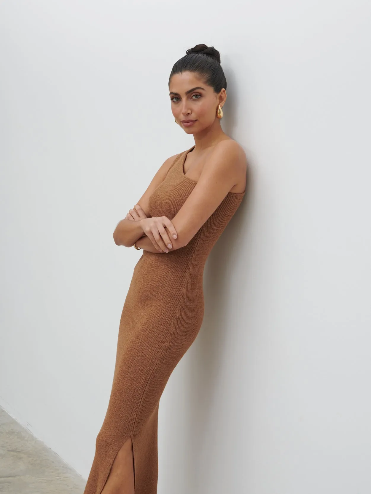 Juno One Shoulder Knit Midaxi Dress - Almond sold by Pretty Lavish product image thumbnail 5