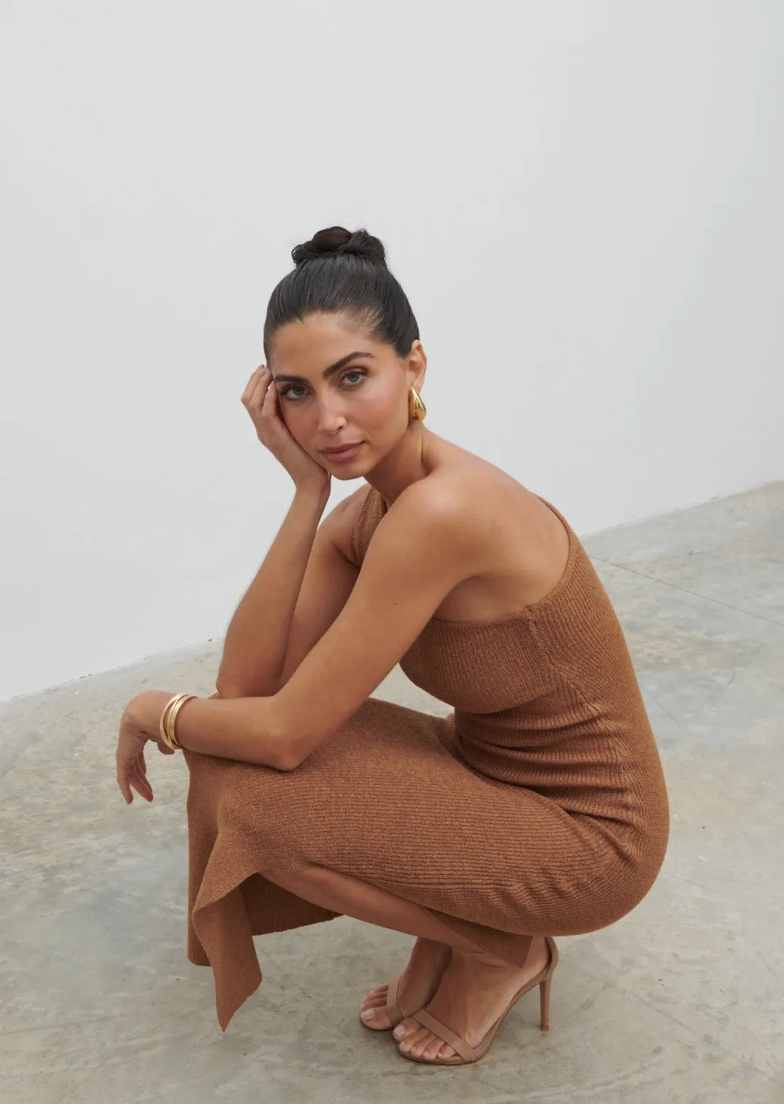 Juno One Shoulder Knit Midaxi Dress - Almond sold by Pretty Lavish product image thumbnail 3