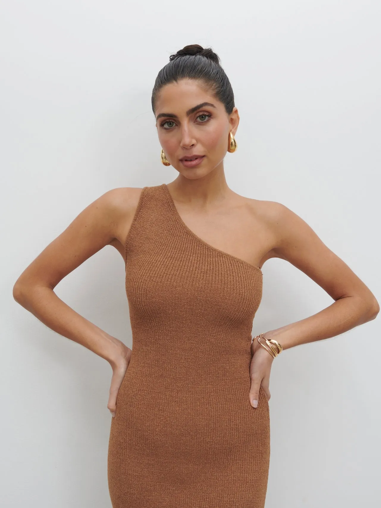 Juno One Shoulder Knit Midaxi Dress - Almond sold by Pretty Lavish