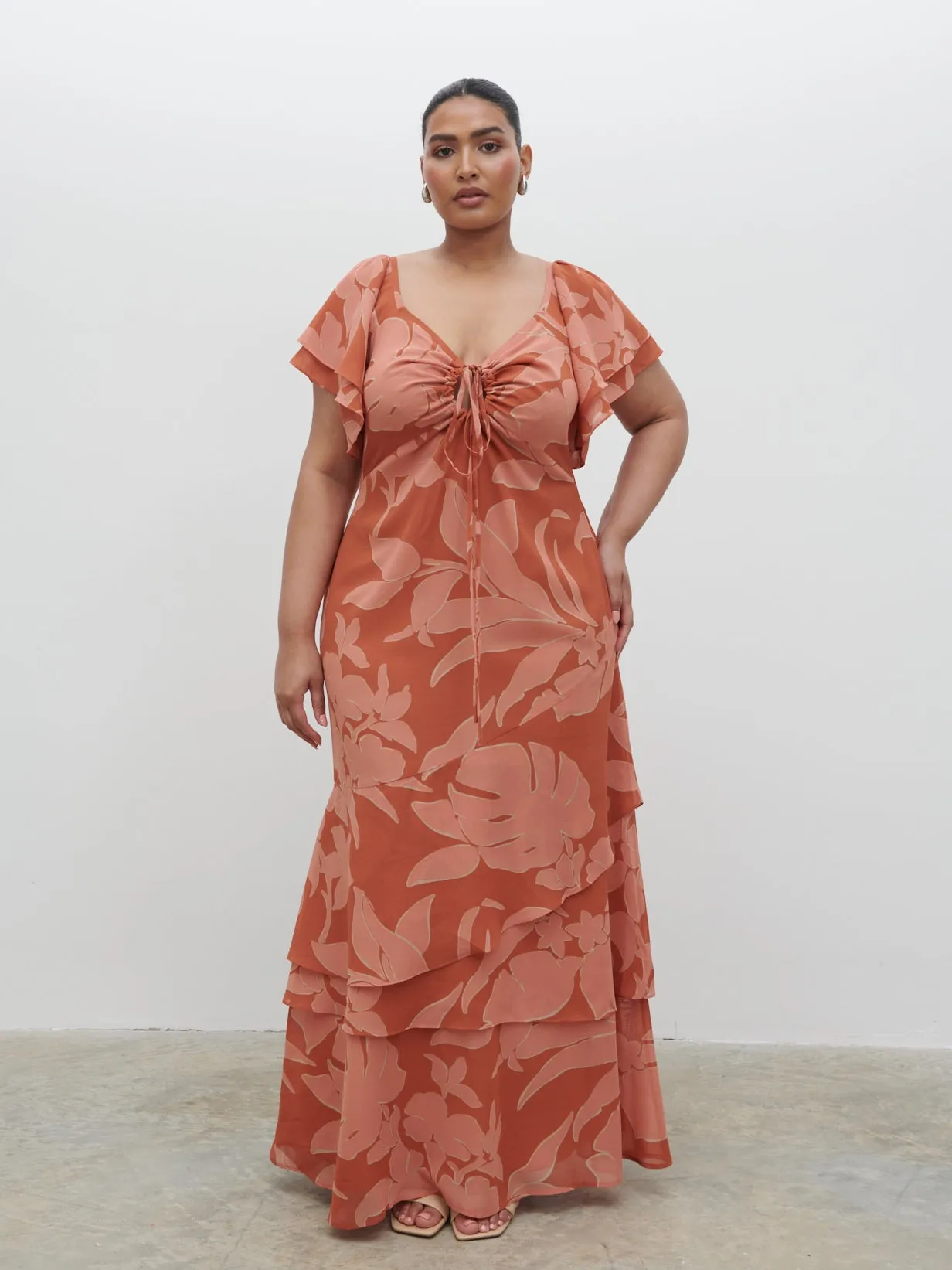 Florence Cut Out Maxi Dress Curve - Dusky Rose Abstract Palm sold by Pretty Lavish