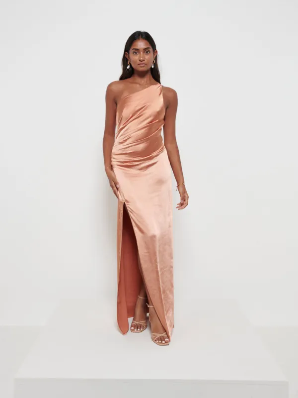 Amelia Ruched Maxi Bridesmaid Dress - Matte Cinnamon sold by Pretty Lavish