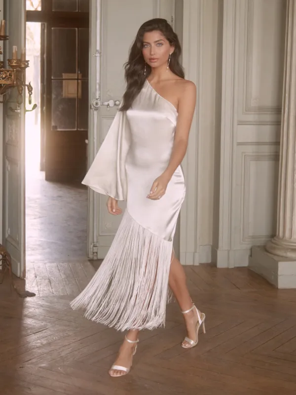 Lerins Fringed Midaxi Dress - Ivory made by Pretty Lavish