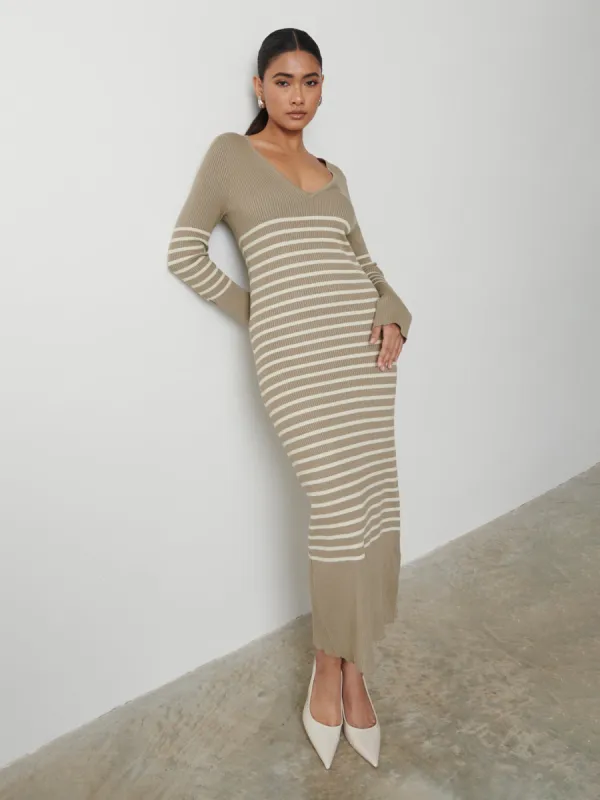 Vanessa Striped Knit Dress - Taupe and Cream Stripe sold by Pretty Lavish