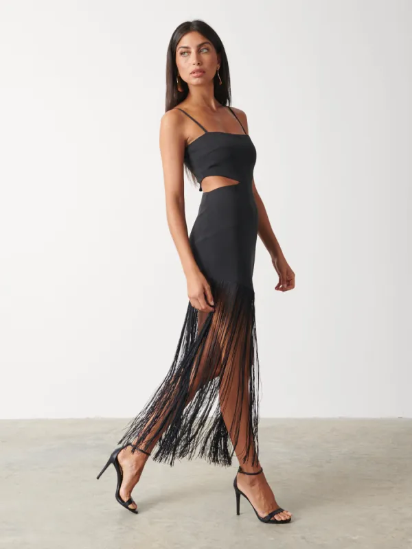 Arcelia Asymmetric Fringed Midaxi Dress - Black sold by Pretty Lavish