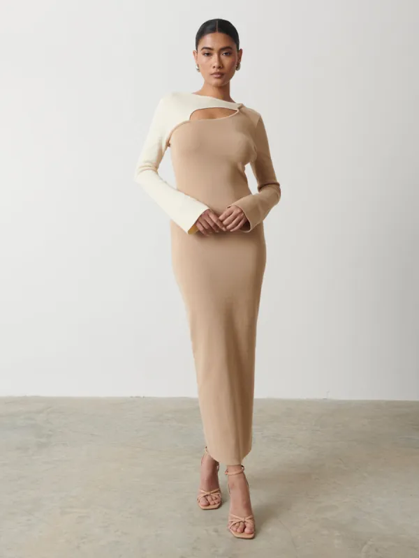 Brogan Contrast Knit Dress - Beige and Cream sold by Pretty Lavish