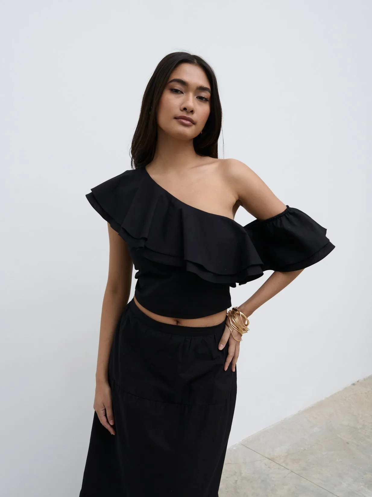 Sol Ruffle Cropped Top - Black sold by Pretty Lavish