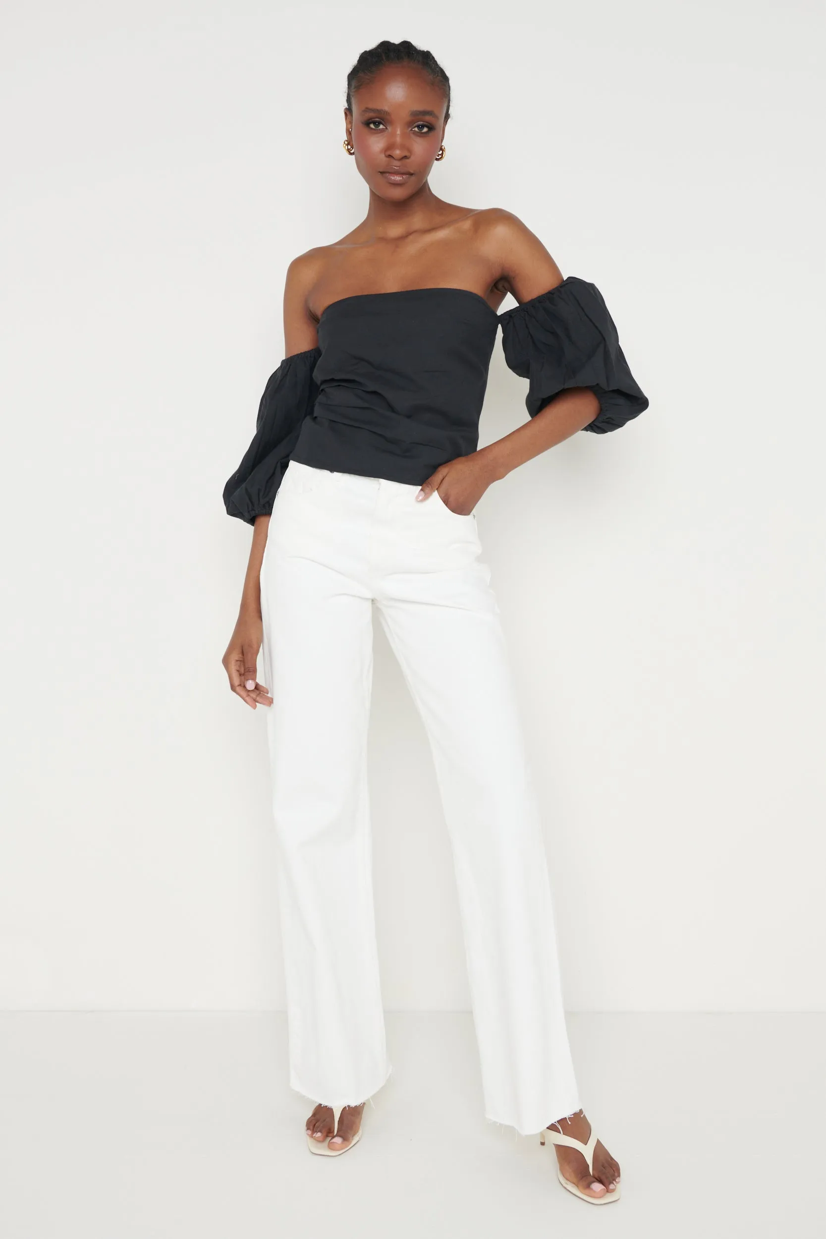 Elle Bardot Puff Sleeve Blouse - Black sold by Pretty Lavish