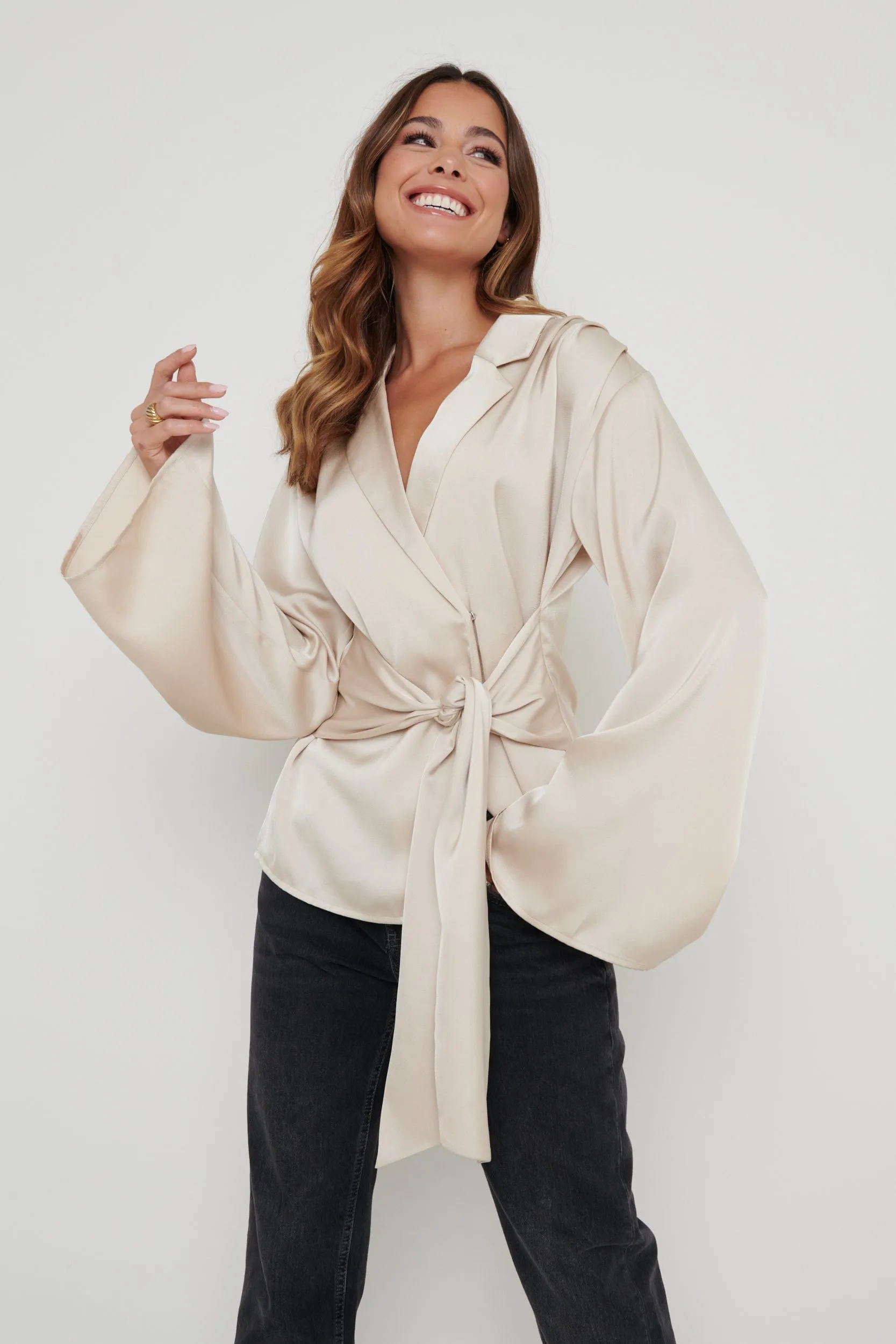 Louis Satin Wrap Blouse - Champagne sold by Pretty Lavish