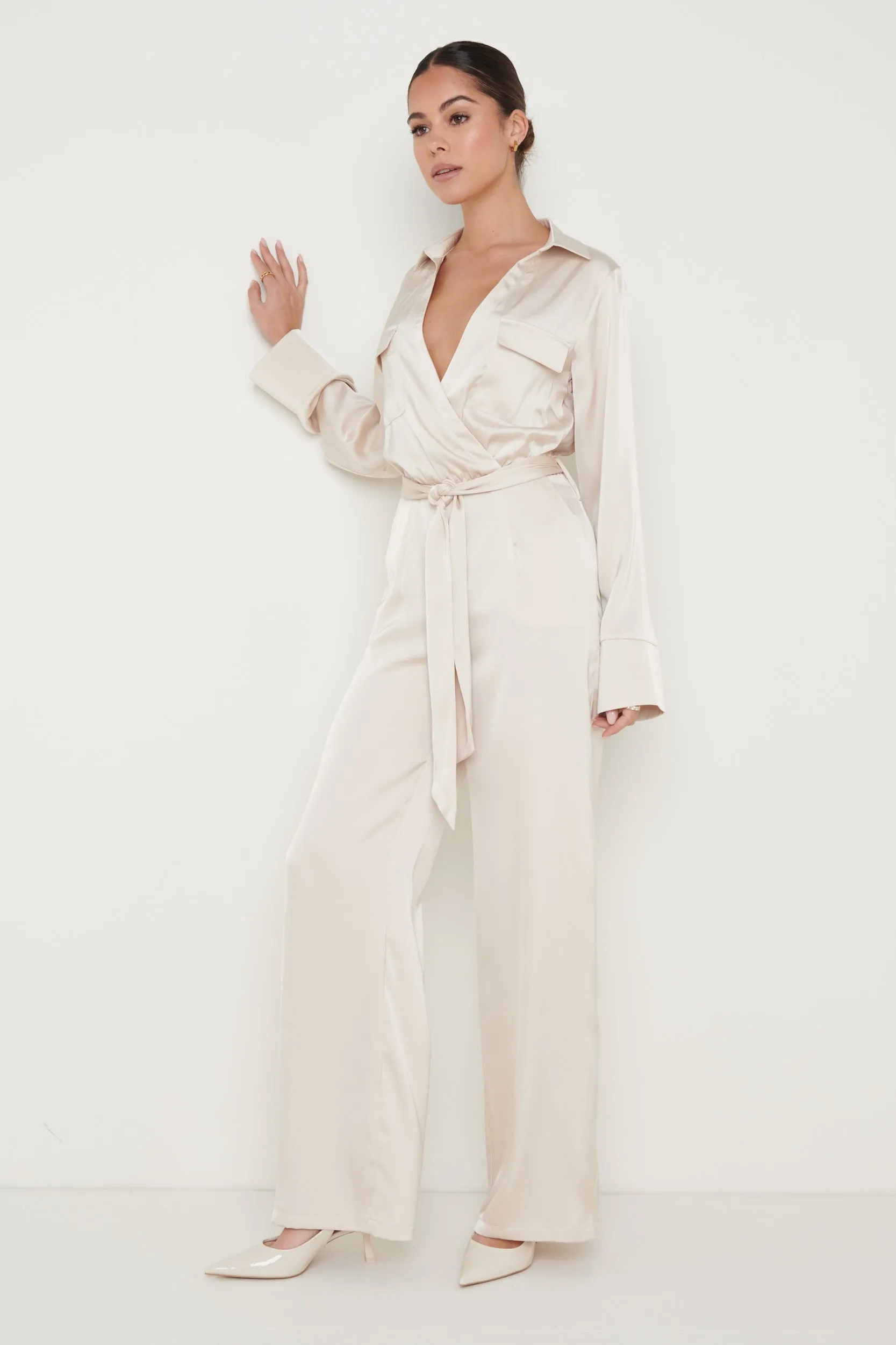 Carmen Collared Satin Jumpsuit - Oyster sold by Pretty Lavish product image thumbnail 5