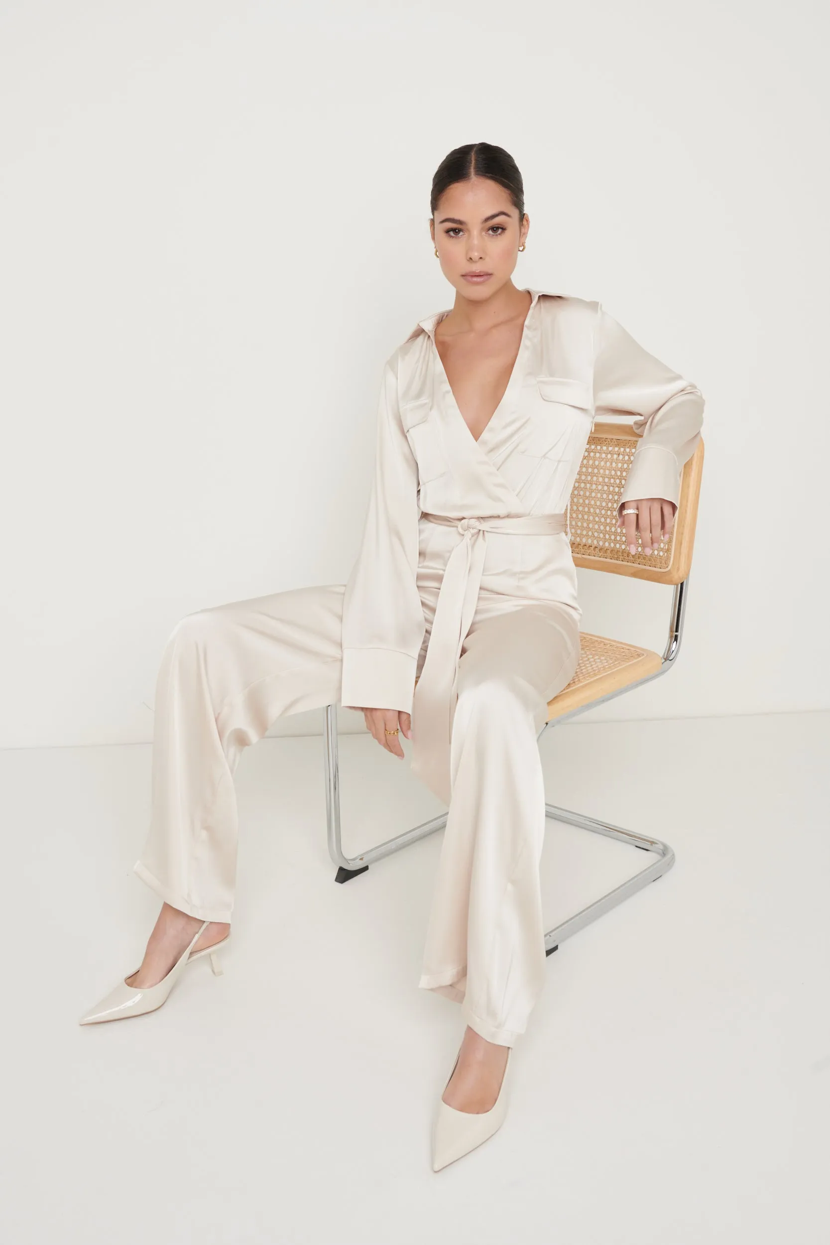 Carmen Collared Satin Jumpsuit - Oyster sold by Pretty Lavish