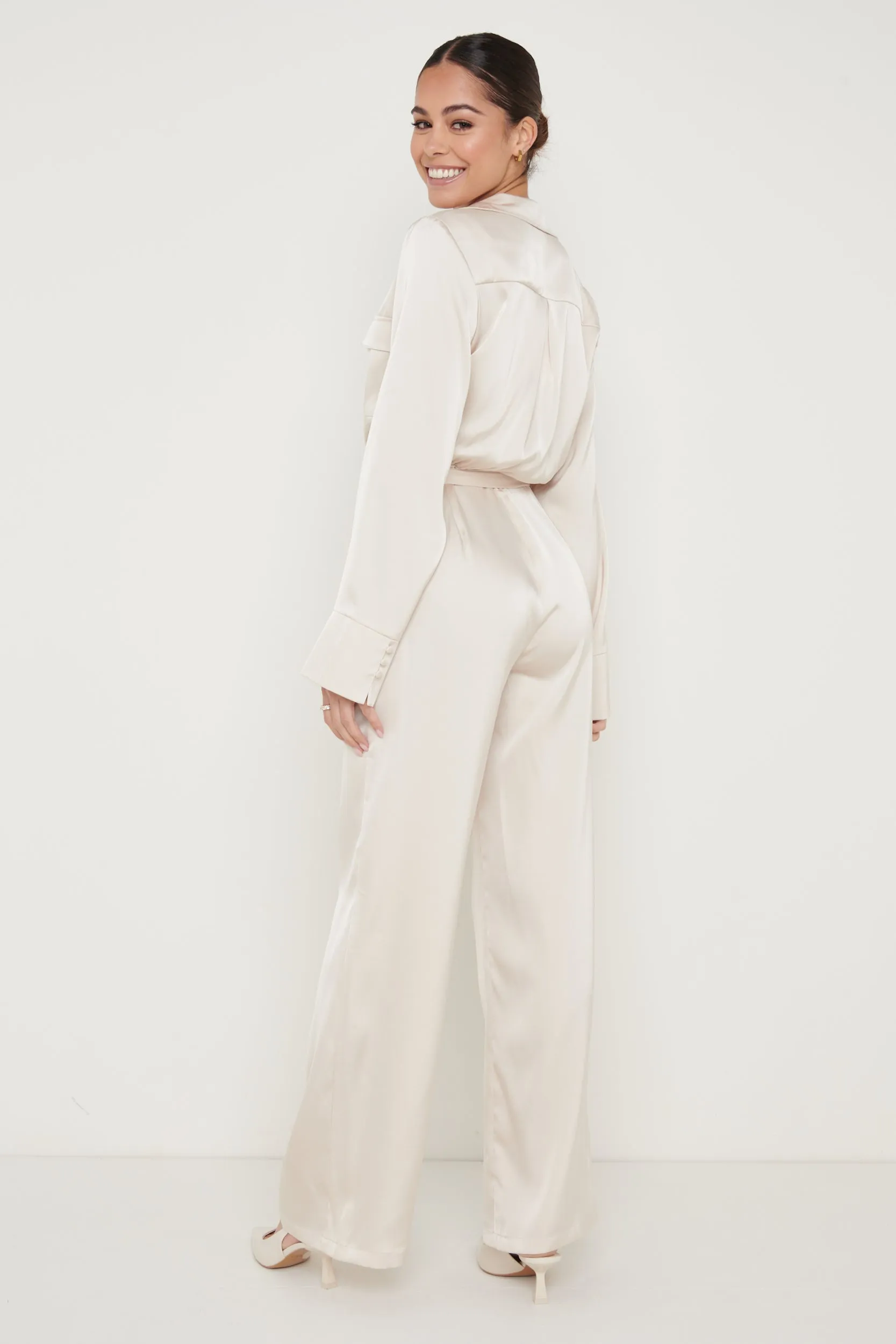 Carmen Collared Satin Jumpsuit - Oyster sold by Pretty Lavish product image thumbnail 4