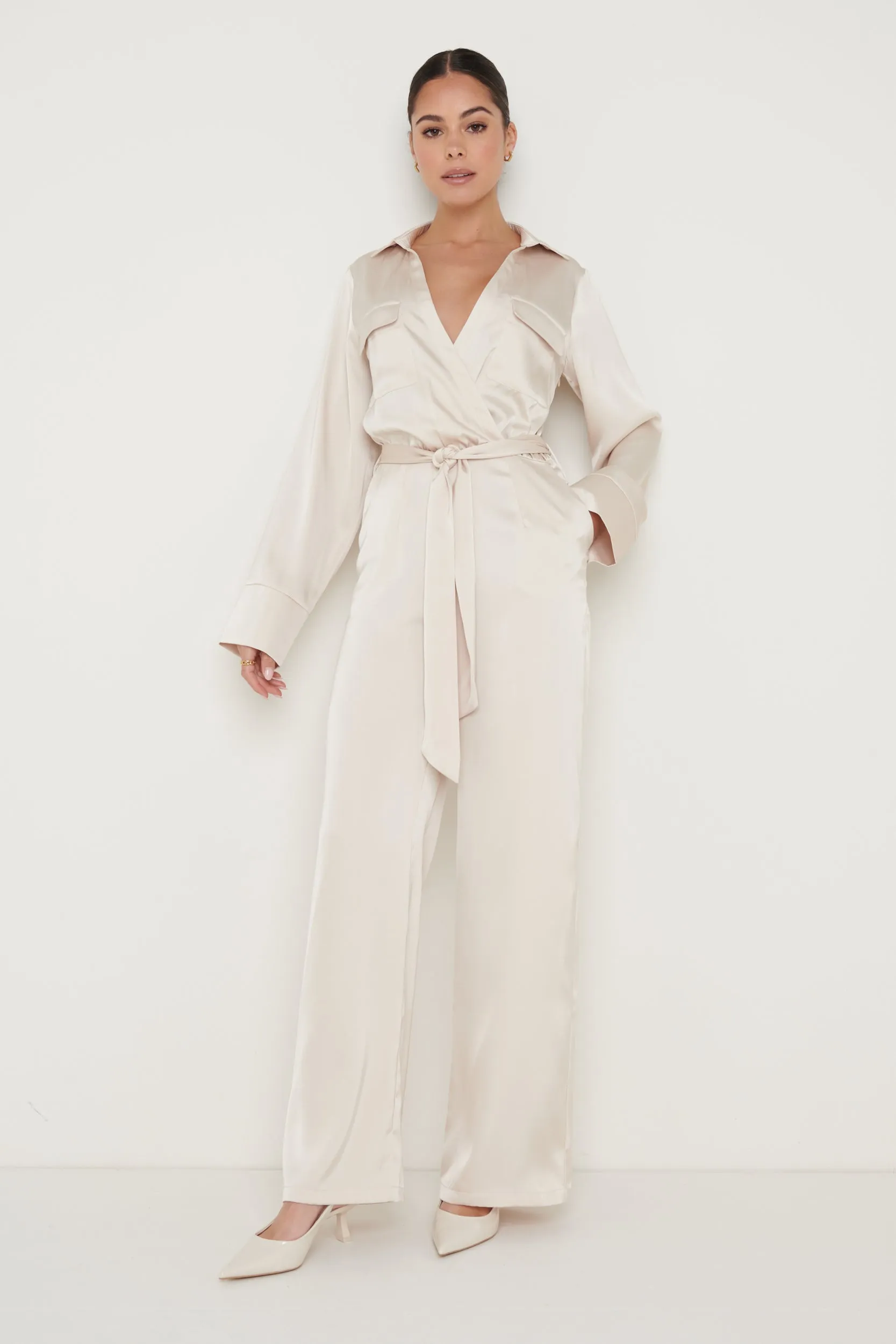 Carmen Collared Satin Jumpsuit - Oyster sold by Pretty Lavish product image thumbnail 2