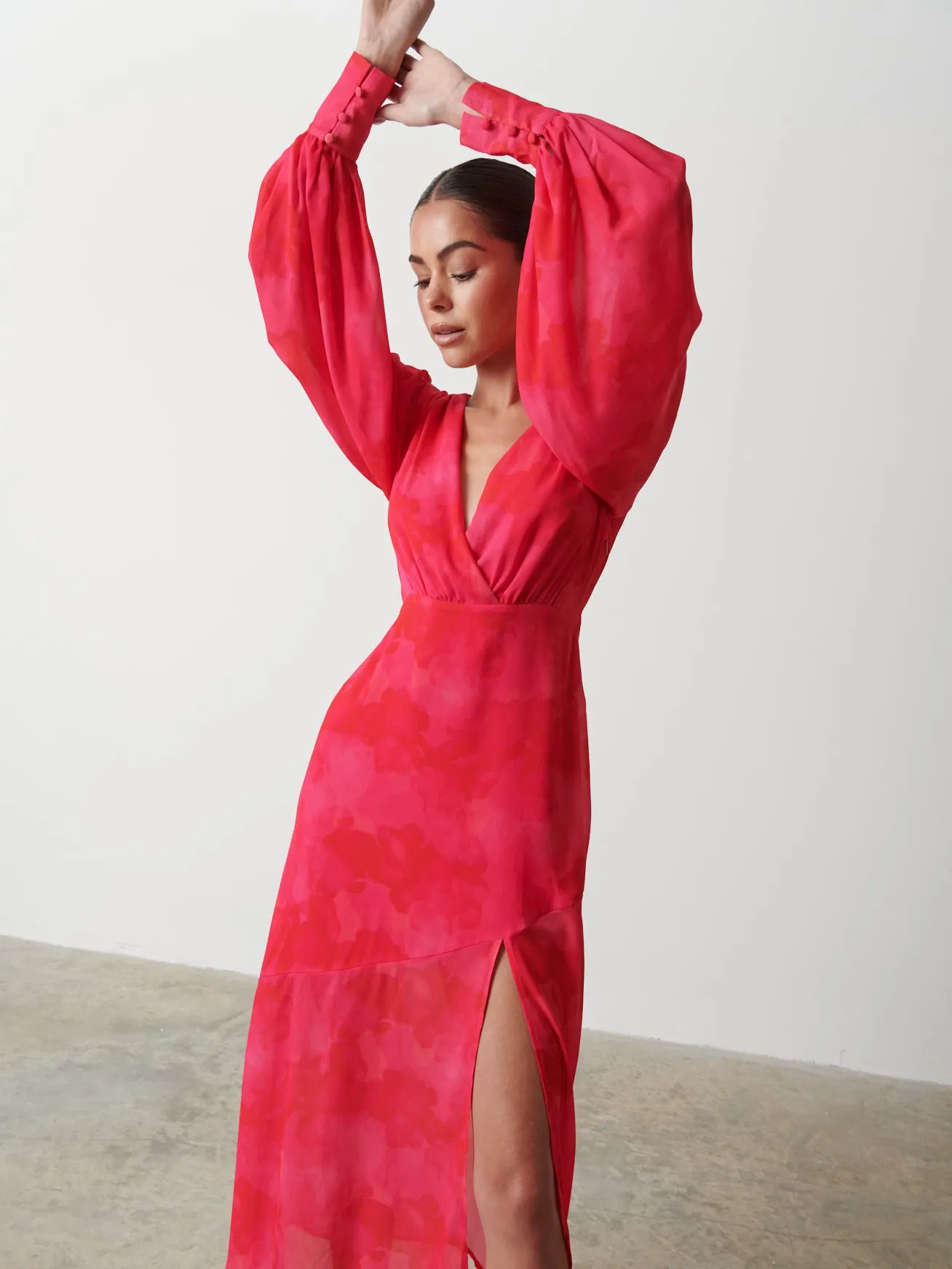 Lilianna Backless Balloon Sleeve Printed Dress - Pink and Red Watercolour sold by Pretty Lavish