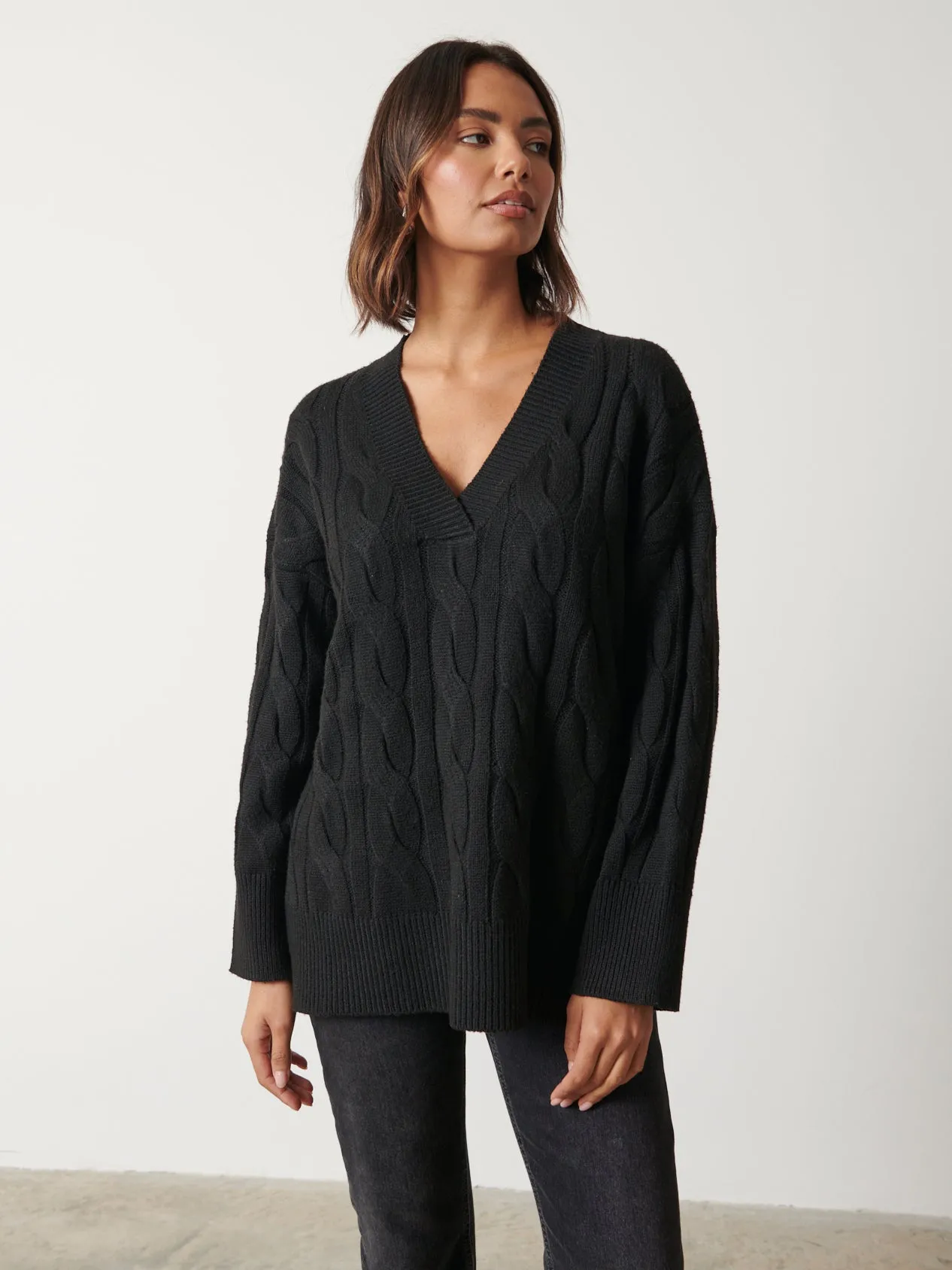 Ashlie Cable Knit V Neck Jumper - Black sold by Pretty Lavish