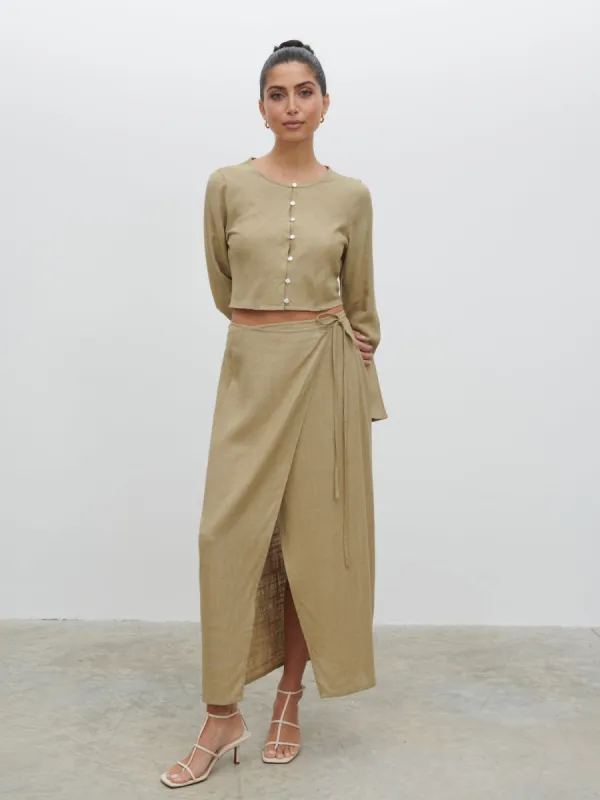 Abigail Wrap Linen Midaxi Skirt - Olive sold by Pretty Lavish