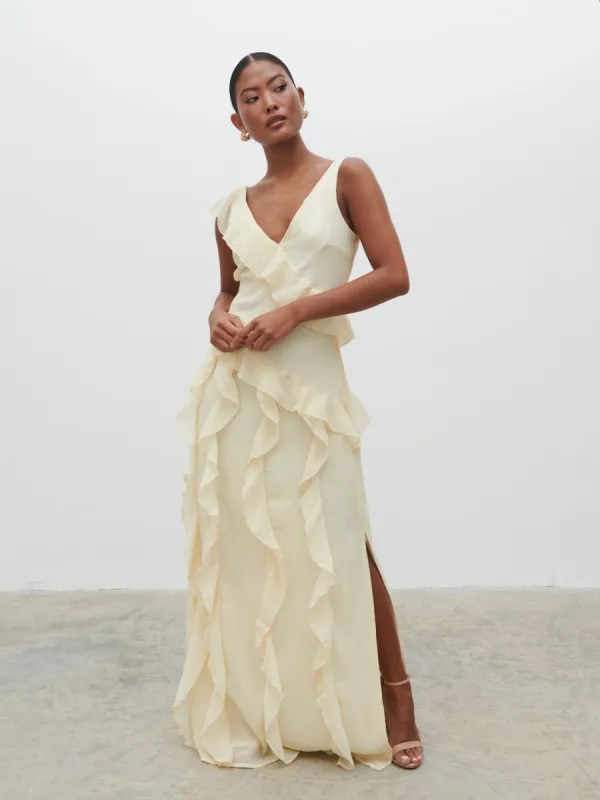 Faye Ruffle Maxi Dress - Butter Lemon sold by Pretty Lavish