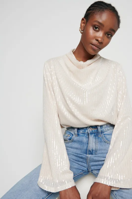 Jayda Cowl Neck Blouse- Ecru Sequin sold by Pretty Lavish