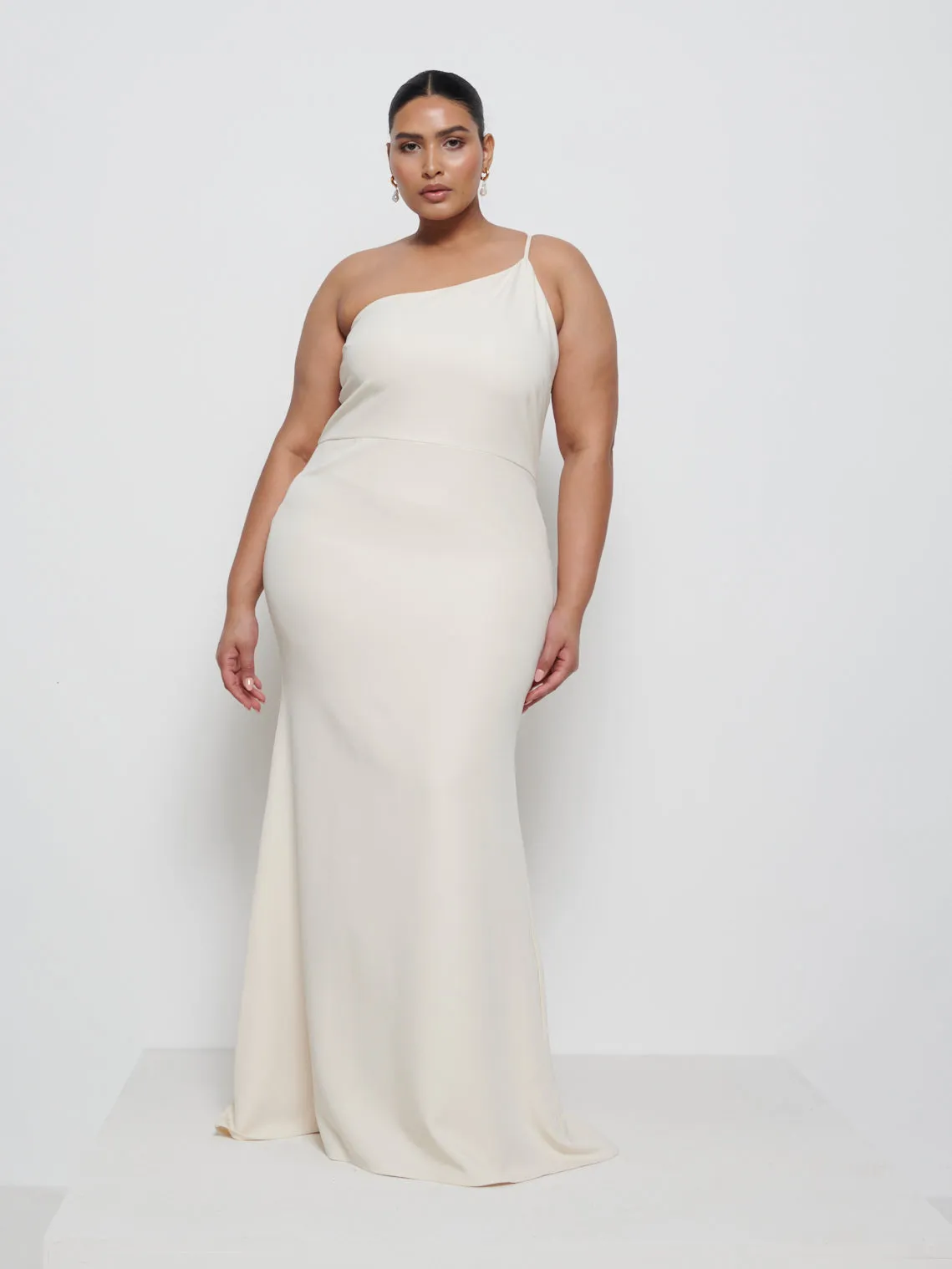 Amelia Crepe Maxi Bridesmaid Dress Curve - Champagne sold by Pretty Lavish