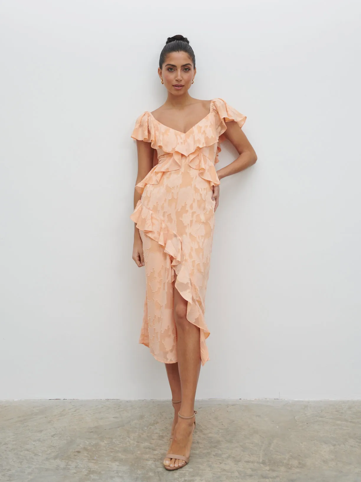 Eloise Ruffle Midaxi Dress - Apricot sold by Pretty Lavish