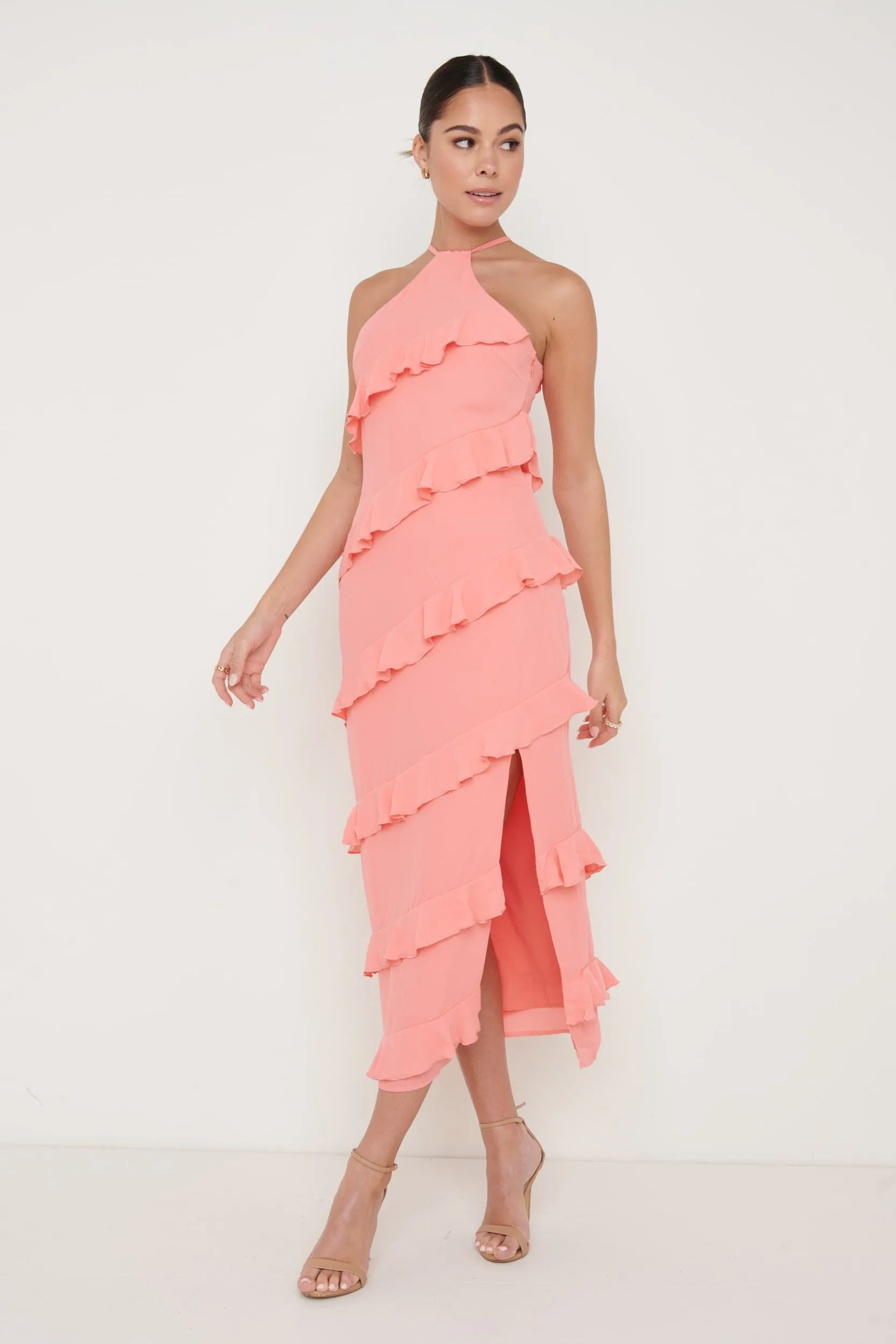 Katy Ruffle Midaxi Dress - Coral sold by Pretty Lavish product image thumbnail 5