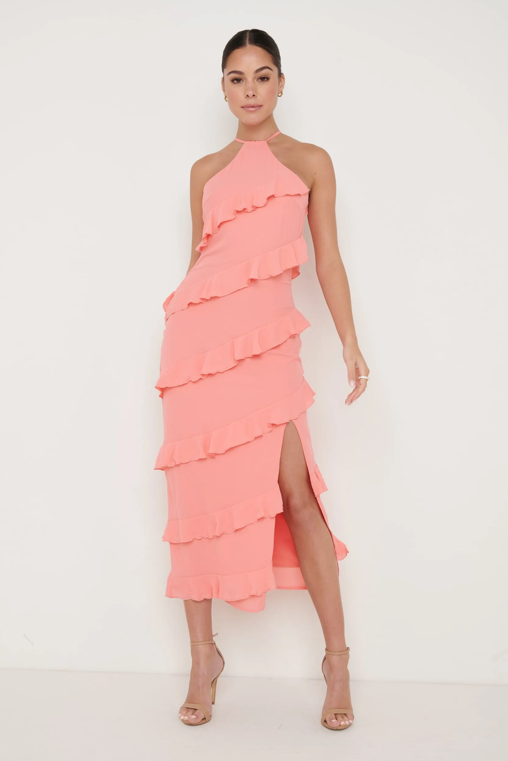 Katy Ruffle Midaxi Dress - Coral sold by Pretty Lavish
