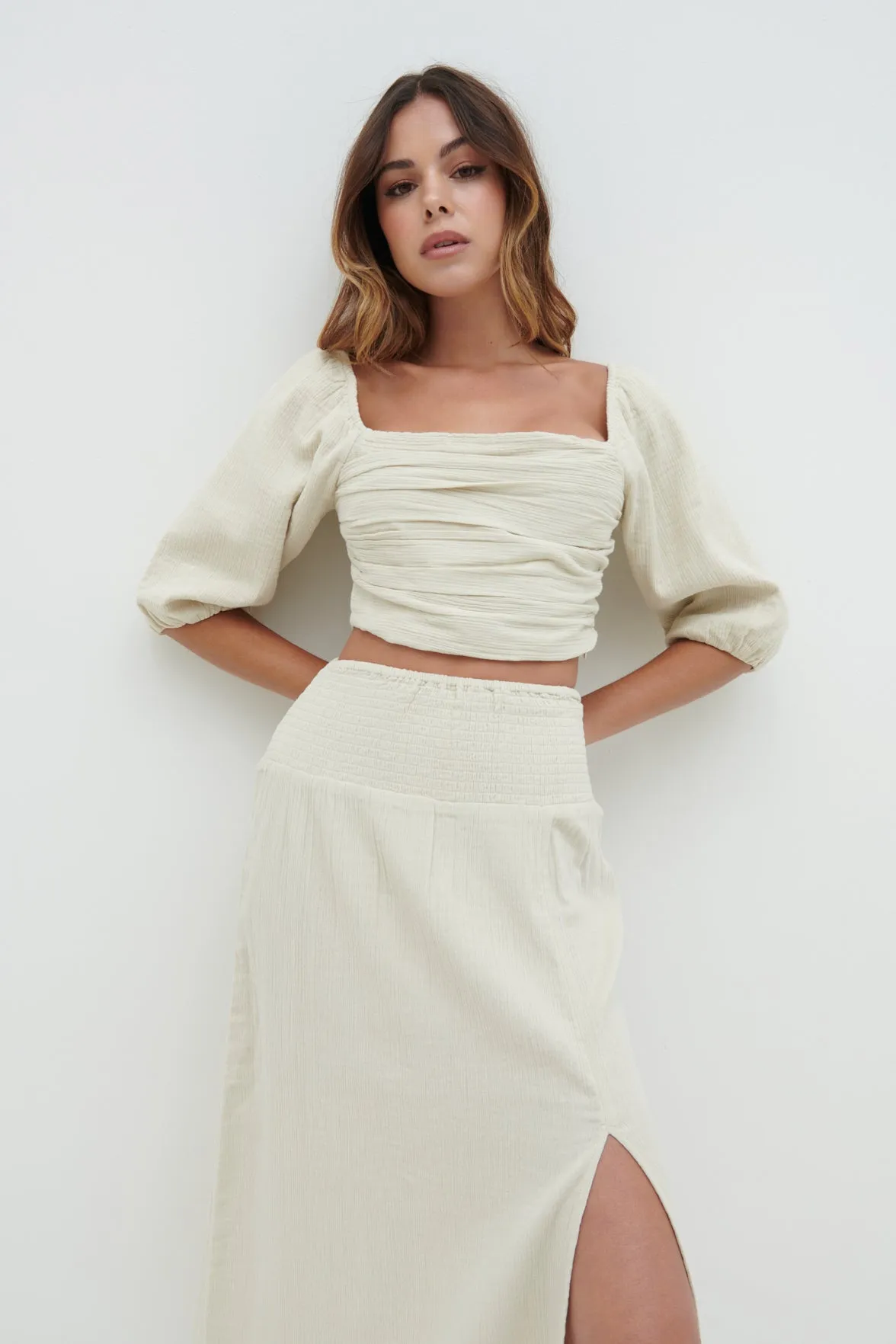 Ingrid Ruched Puff Sleeve Blouse - Beige sold by Pretty Lavish product image thumbnail 4