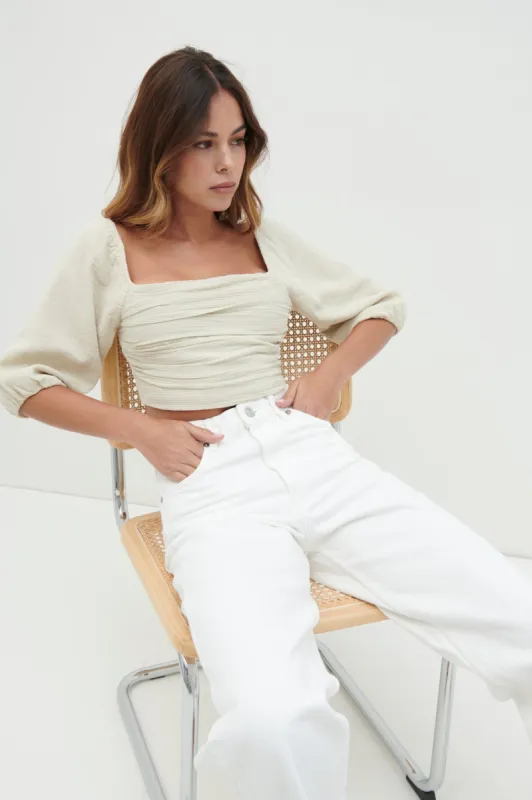 Ingrid Ruched Puff Sleeve Blouse - Beige sold by Pretty Lavish
