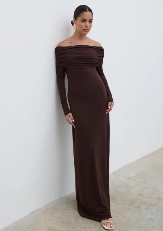 Perrie Bardot Jersey Maxi Dress - Brown sold by Pretty Lavish