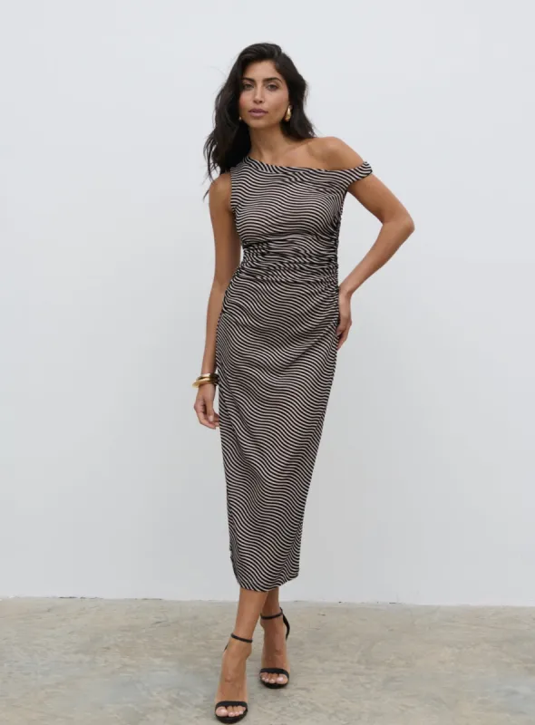 Carrie Asymmetric Knot Midaxi Dress - Black and Cream Stripe sold by Pretty Lavish