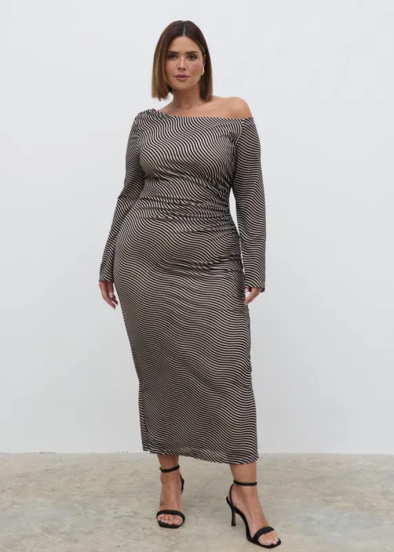Carrie Asymmetric Knot Midaxi Dress Curve - Black and Cream Stripe sold by Pretty Lavish