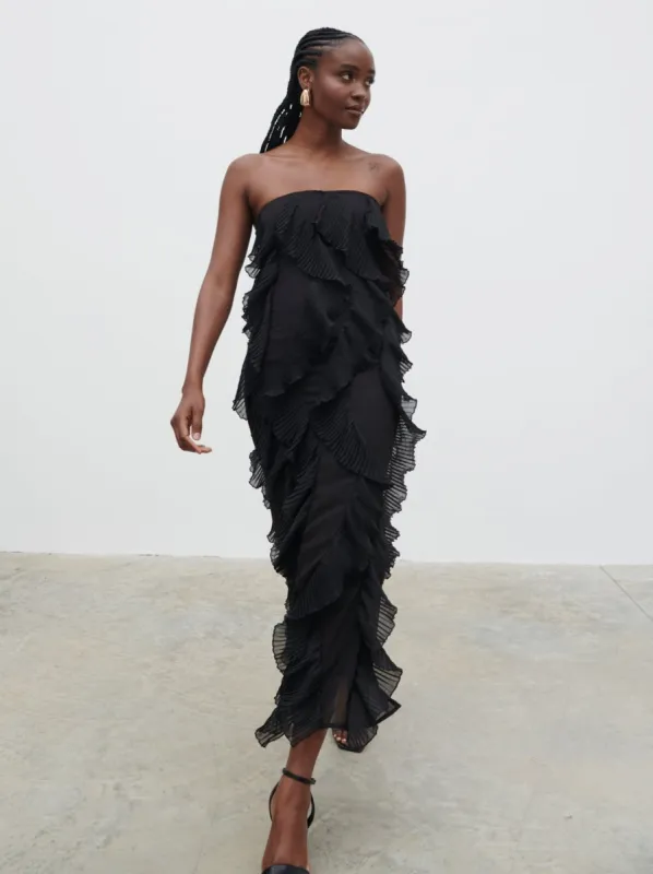 Perla Bandeau Ruffle Midaxi Dress - Black sold by Pretty Lavish