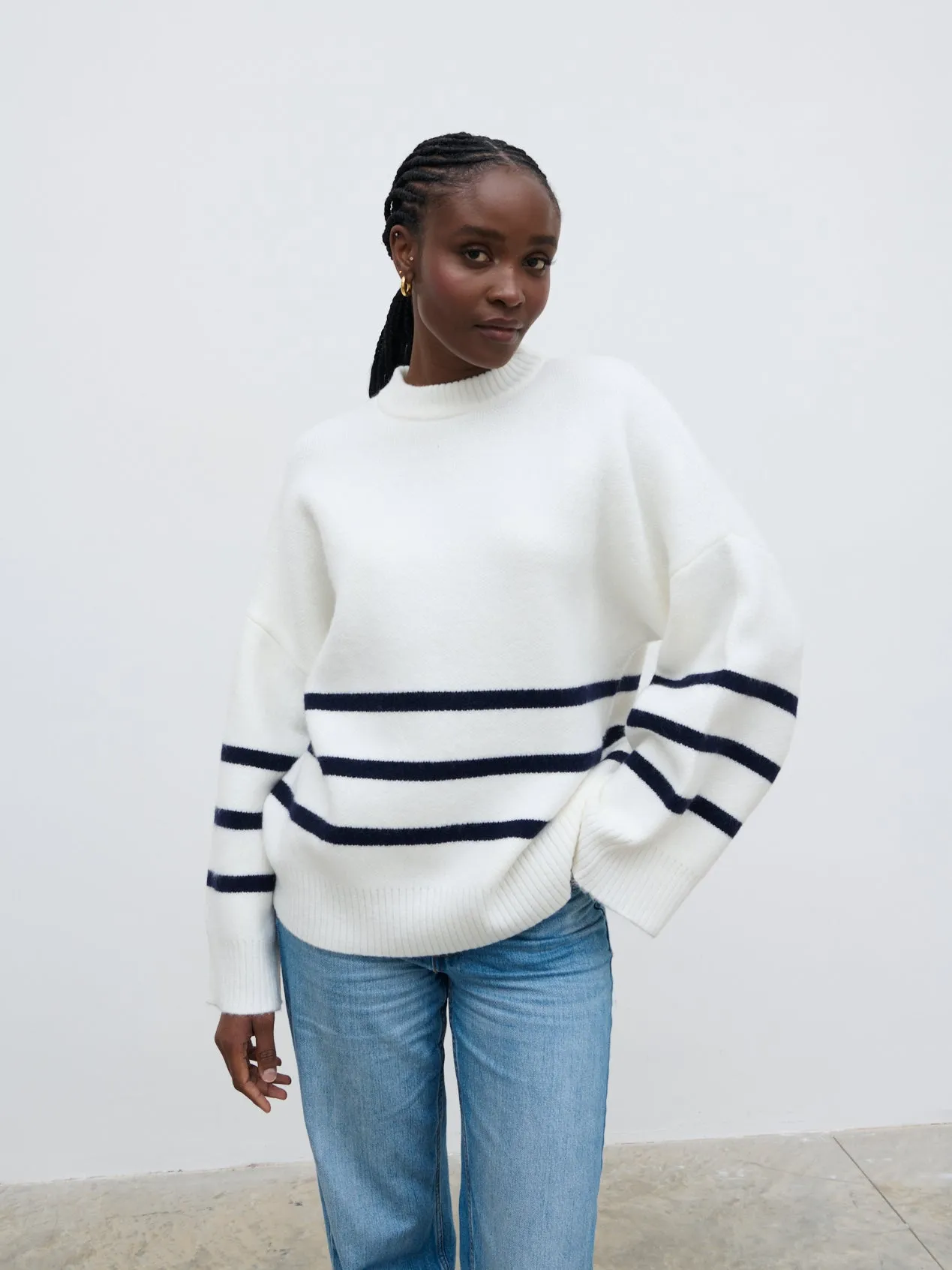 Miller Stripe Knit Jumper - Stone and Navy sold by Pretty Lavish