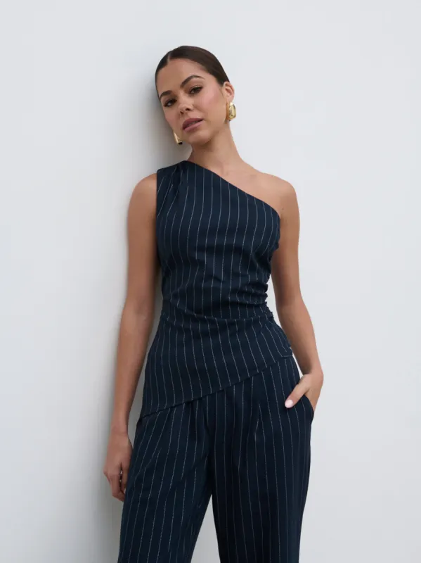 Lorna One Shoulder Ruched Pinstripe Top - Navy sold by Pretty Lavish