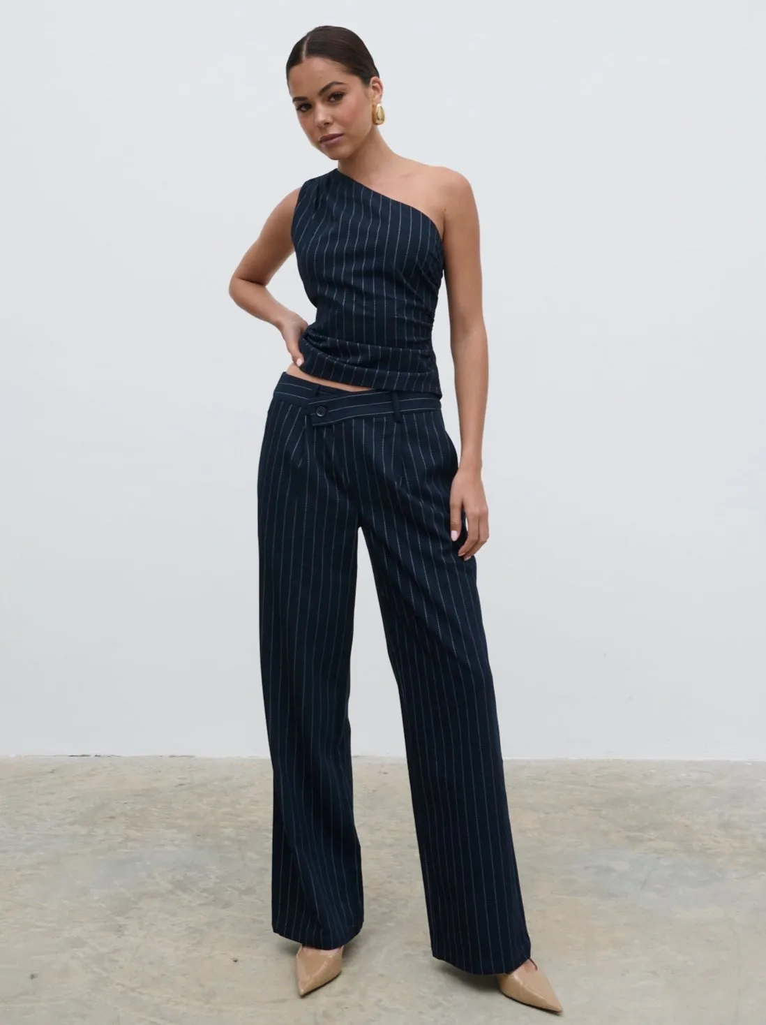 Flynn Slouchy Pinstripe Trousers - Navy sold by Pretty Lavish