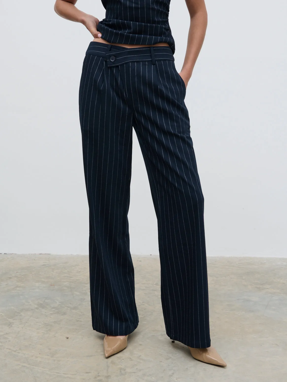 Flynn Slouchy Pinstripe Trousers - Navy sold by Pretty Lavish product image thumbnail 2