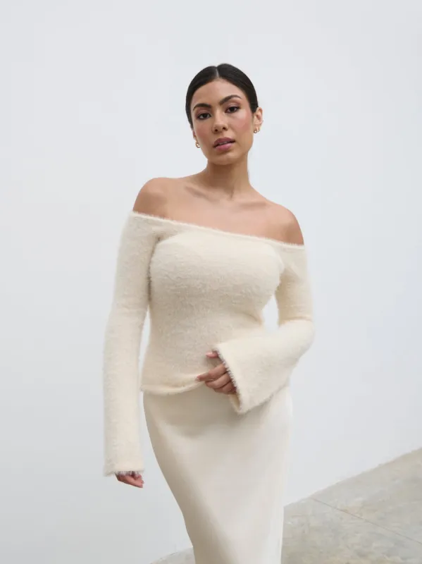 Erika Bardot Fluffy Knit Top - Cream sold by Pretty Lavish
