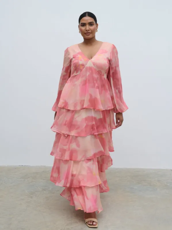 Ashton Ruffle Maxi Dress Curve - Dusky Rose Watercolour sold by Pretty Lavish