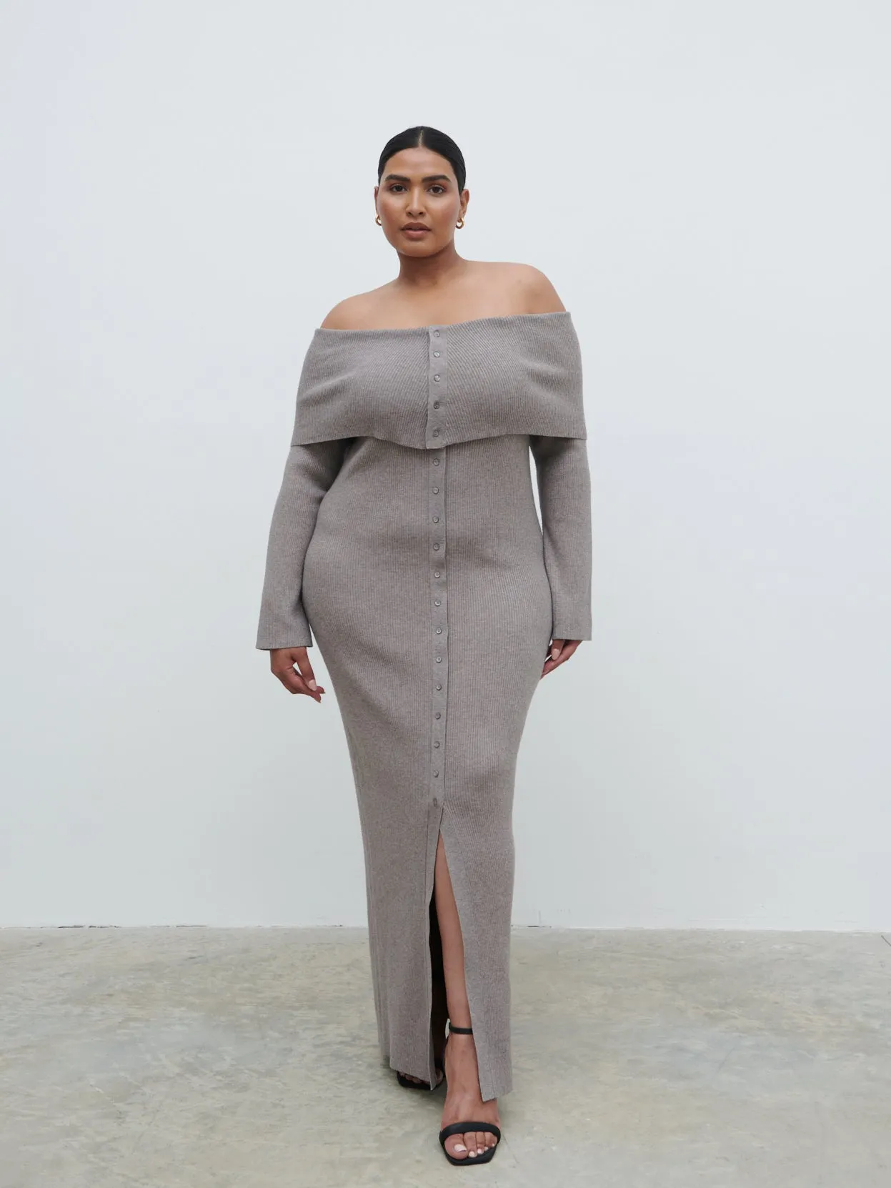 Elora Bardot Knit Maxi Dress Curve - Mink sold by Pretty Lavish