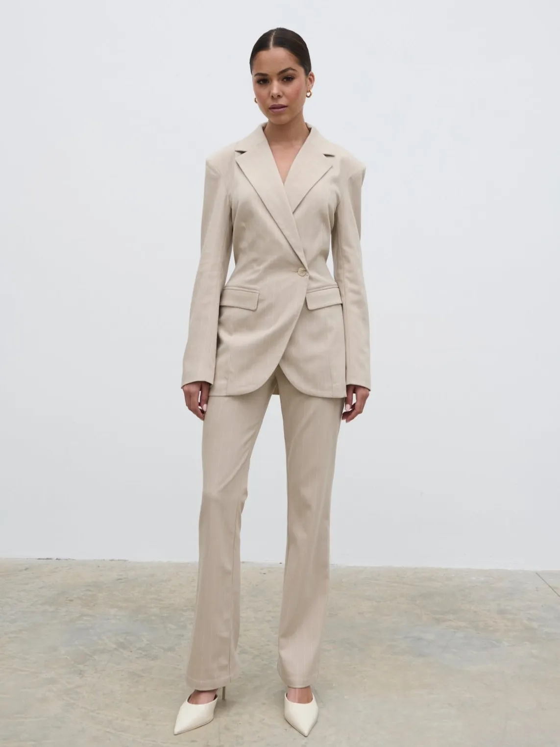 Jaycie Cinched Waist Pinstripe Blazer - Chalk and White Stripe sold by Pretty Lavish product image thumbnail 2