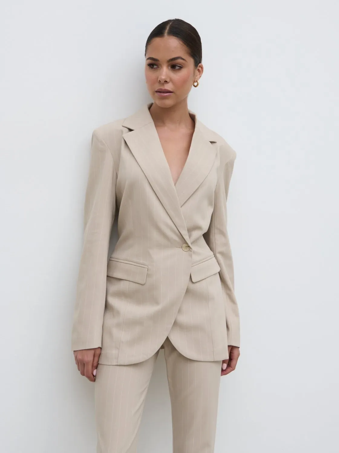 Jaycie Cinched Waist Pinstripe Blazer - Chalk and White Stripe sold by Pretty Lavish
