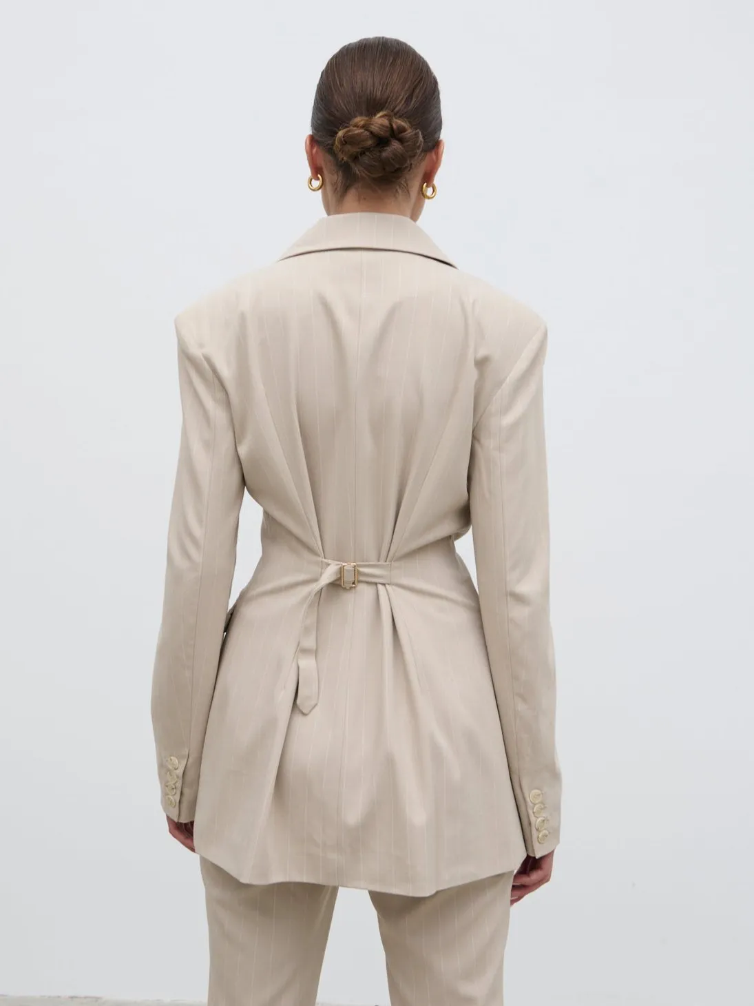Jaycie Cinched Waist Pinstripe Blazer - Chalk and White Stripe sold by Pretty Lavish product image thumbnail 4