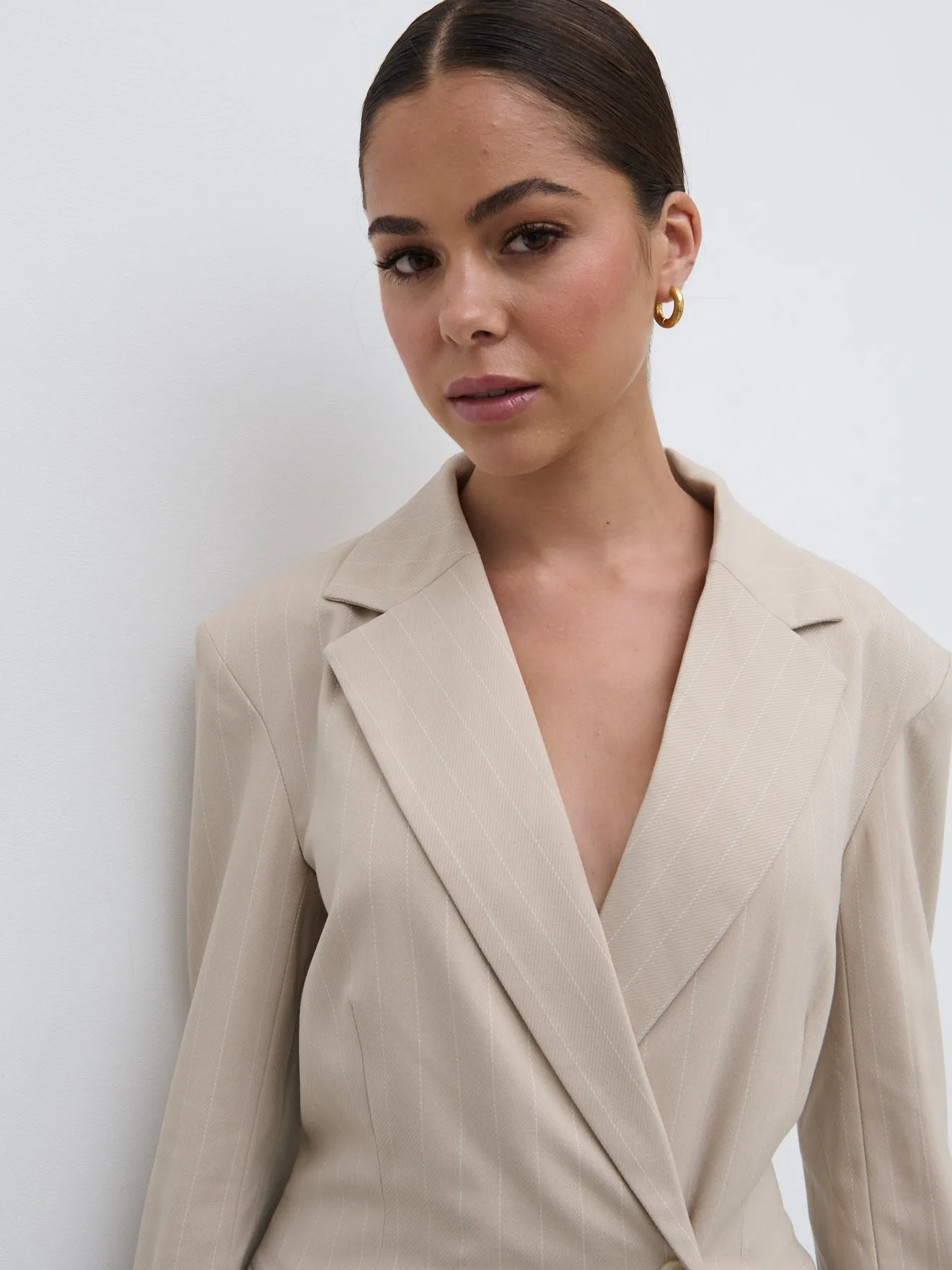 Jaycie Cinched Waist Pinstripe Blazer - Chalk and White Stripe sold by Pretty Lavish product image thumbnail 5