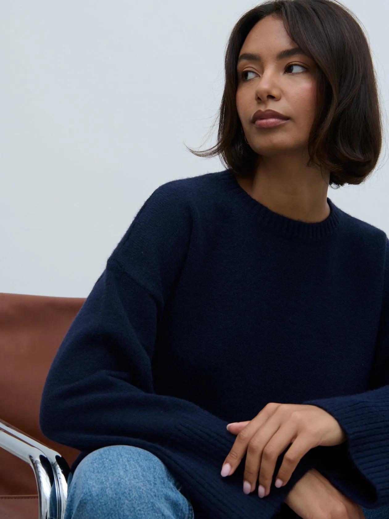 Finnity Slouchy Crew Neck Knit Jumper - Navy sold by Pretty Lavish